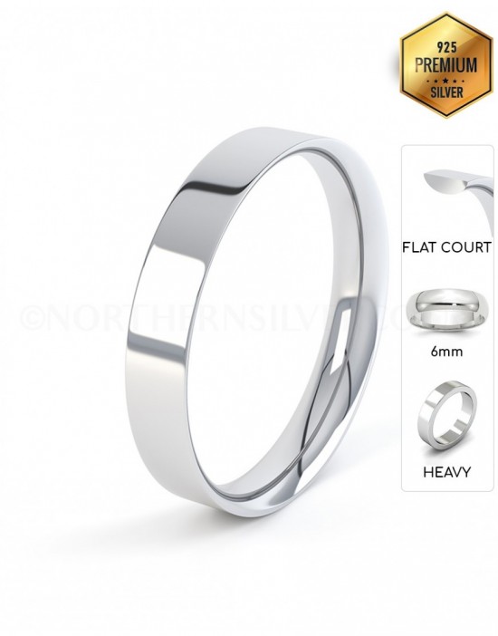 Flat Court Shape 6mm Heavy Weight Silver Wedding Ring