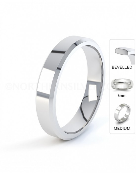 Bevelled Shape 6mm Medium Weight Silver Wedding Ring